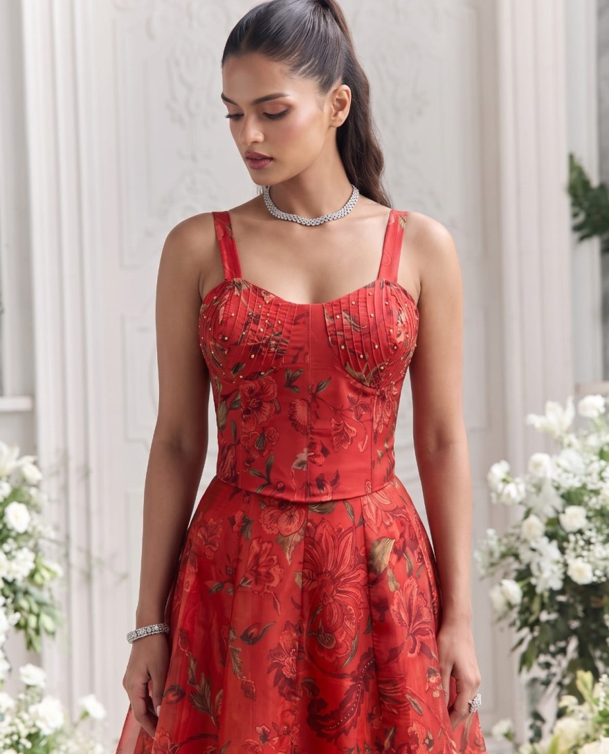 RED - Red Floral Tabby Organza Party Wear Lehenga Set